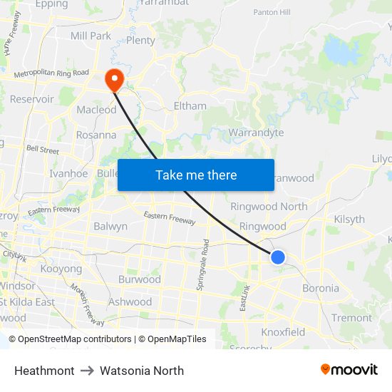 Heathmont to Watsonia North map