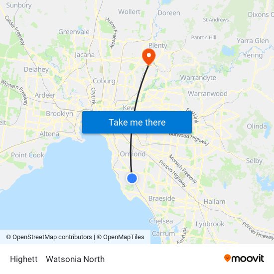 Highett to Watsonia North map