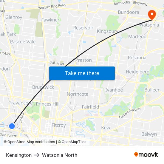 Kensington to Watsonia North map