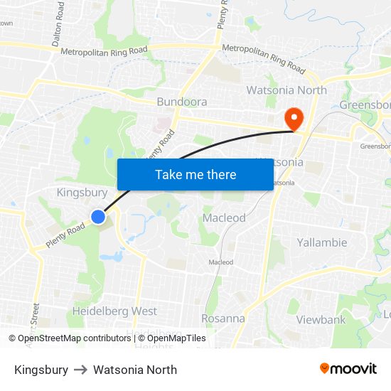 Kingsbury to Watsonia North map