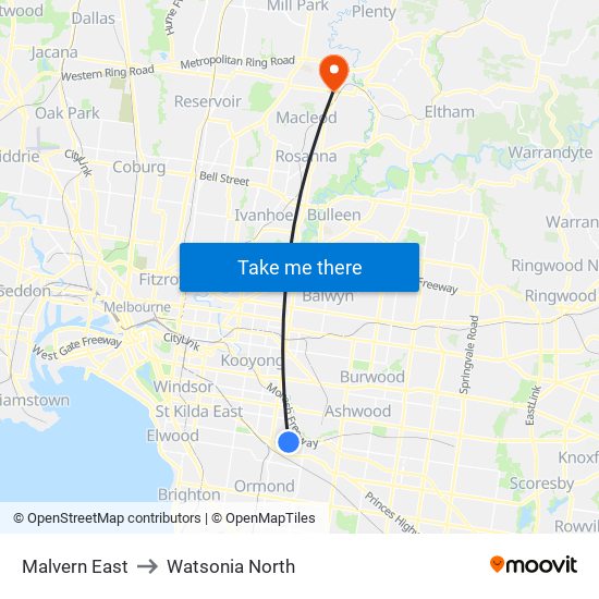 Malvern East to Watsonia North map