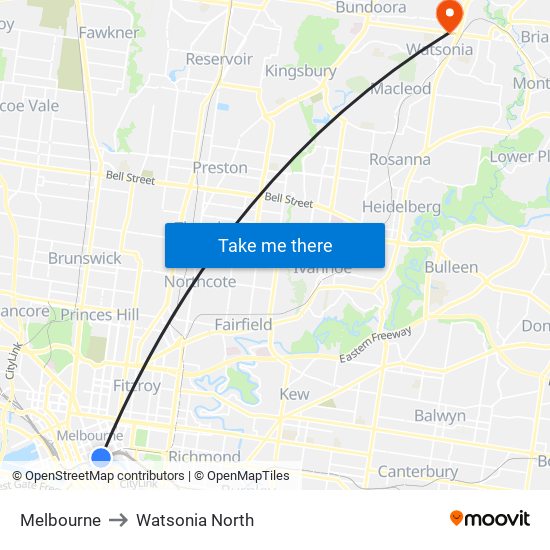 Melbourne to Watsonia North map