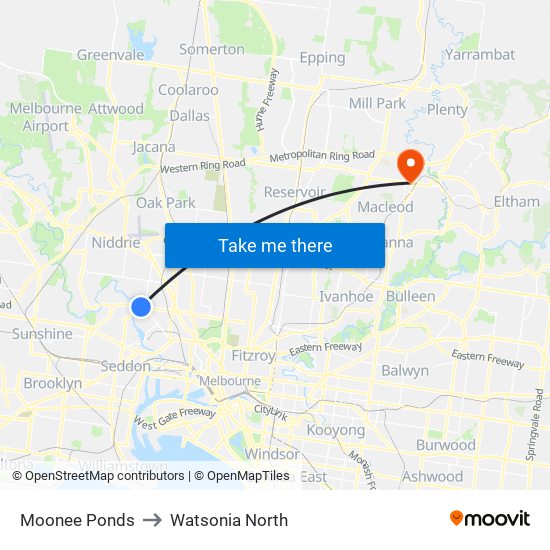 Moonee Ponds to Watsonia North map