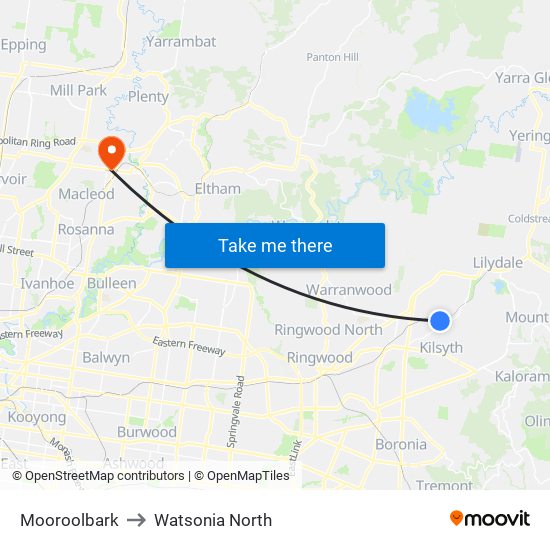 Mooroolbark to Watsonia North map