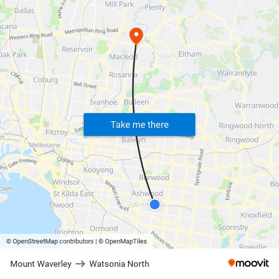Mount Waverley to Watsonia North map