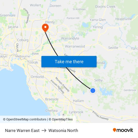 Narre Warren East to Watsonia North map
