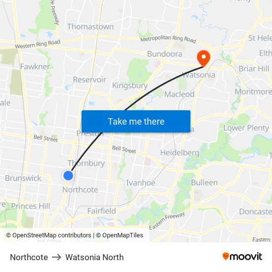 Northcote to Watsonia North map