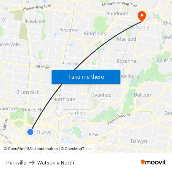 Parkville to Watsonia North map
