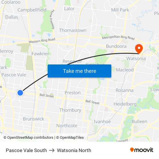 Pascoe Vale South to Watsonia North map