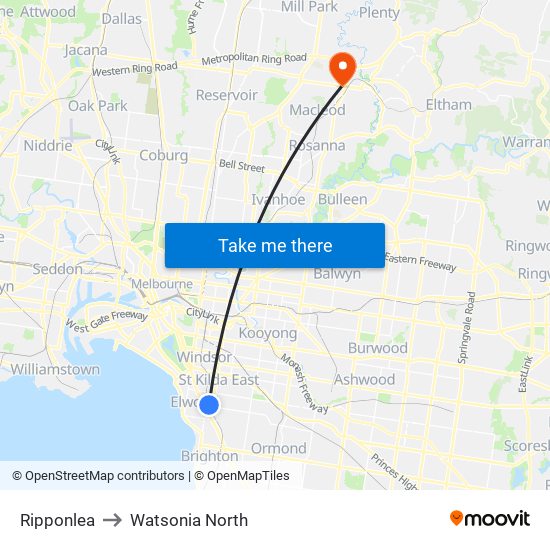 Ripponlea to Watsonia North map