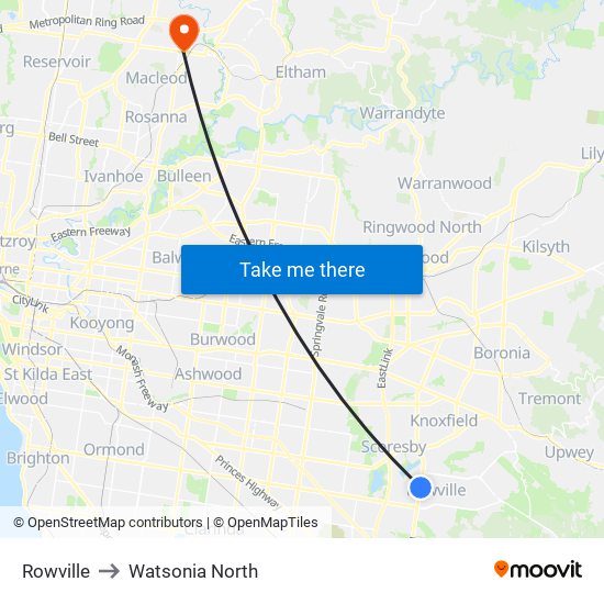 Rowville to Watsonia North map