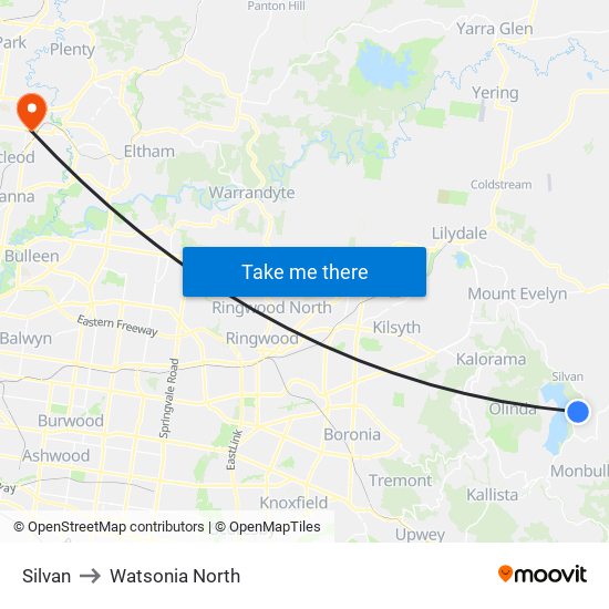 Silvan to Watsonia North map