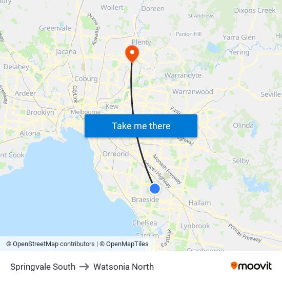 Springvale South to Watsonia North map