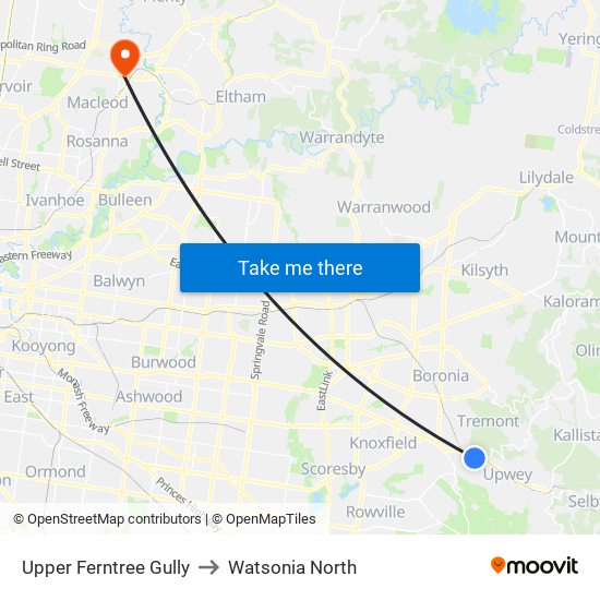 Upper Ferntree Gully to Watsonia North map