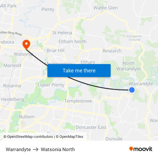 Warrandyte to Watsonia North map