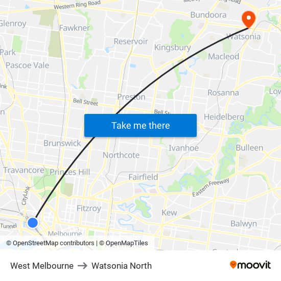 West Melbourne to Watsonia North map