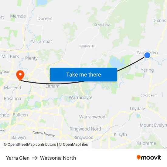 Yarra Glen to Watsonia North map