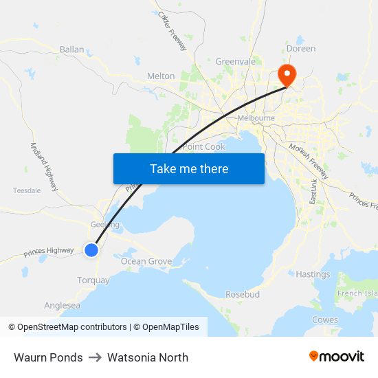 Waurn Ponds to Watsonia North map