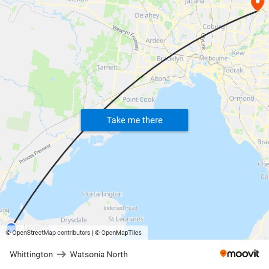 Whittington to Watsonia North map