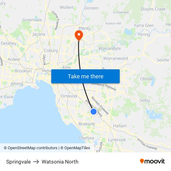 Springvale to Watsonia North map