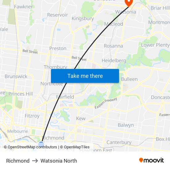 Richmond to Watsonia North map