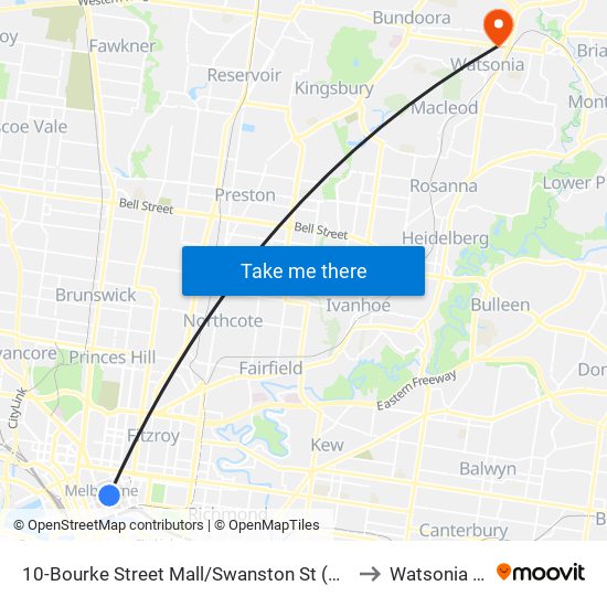 10-Bourke Street Mall/Swanston St (Melbourne City) to Watsonia North map