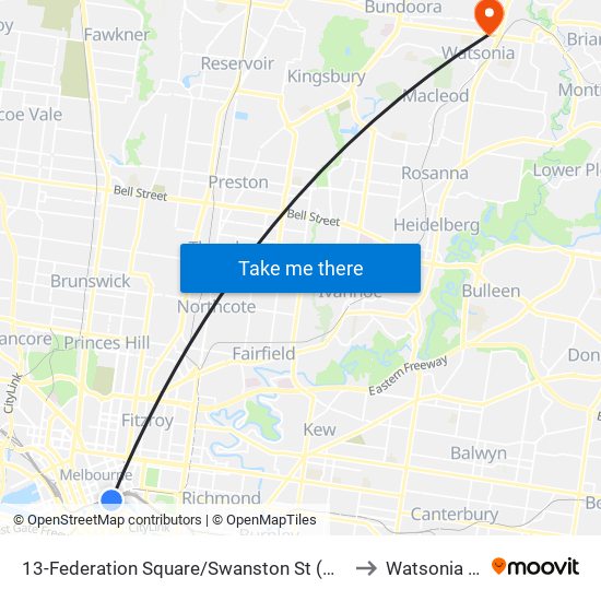 13-Federation Square/Swanston St (Melbourne City) to Watsonia North map