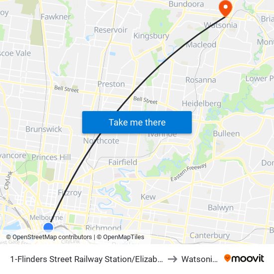 1-Flinders Street Railway Station/Elizabeth St (Melbourne City) to Watsonia North map