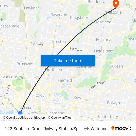 122-Southern Cross Railway Station/Spencer St (Melbourne City) to Watsonia North map