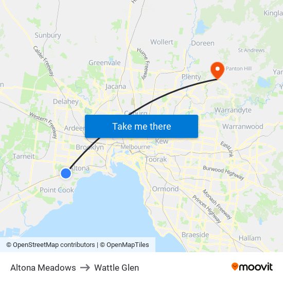 Altona Meadows to Wattle Glen map