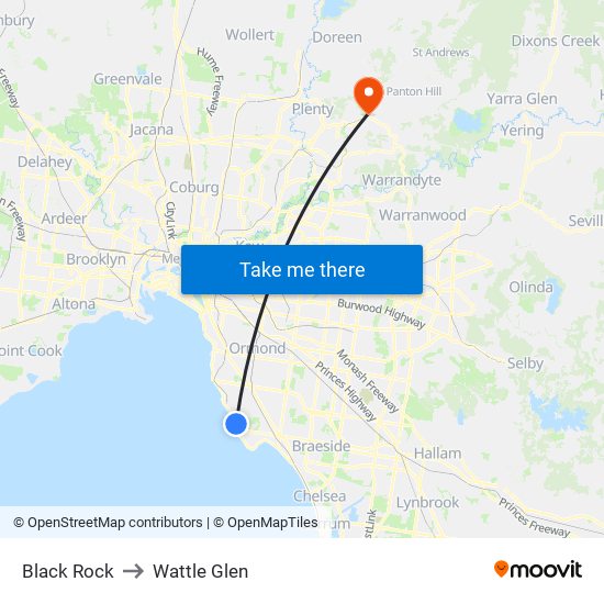 Black Rock to Wattle Glen map