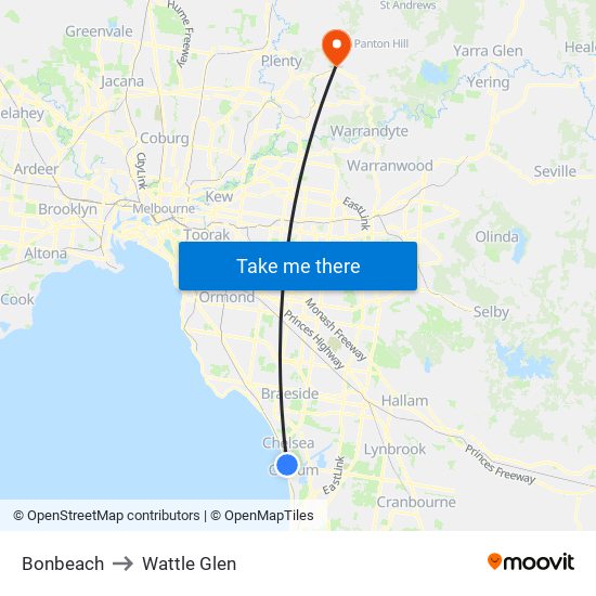 Bonbeach to Wattle Glen map