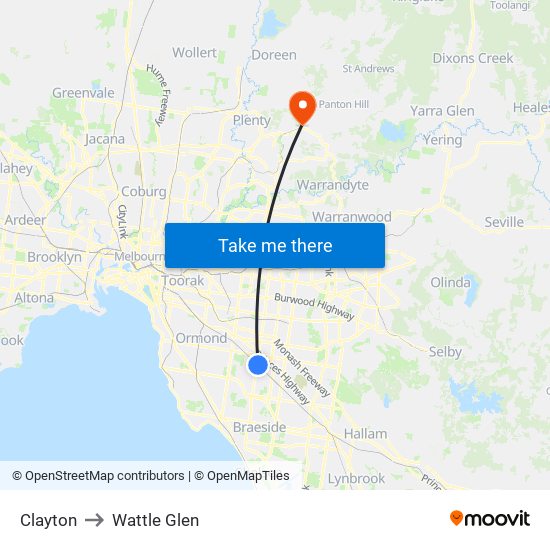 Clayton to Wattle Glen map