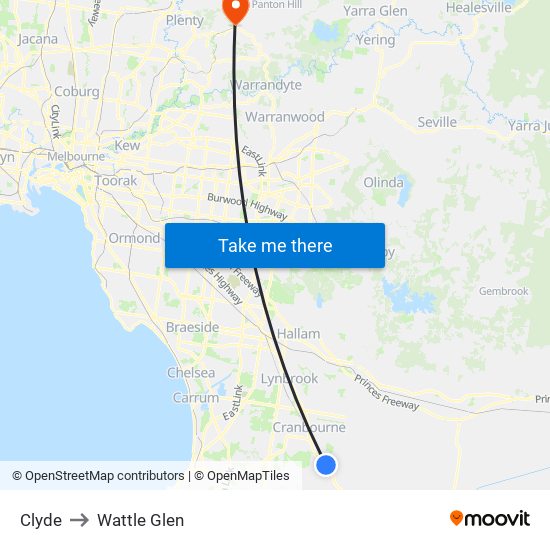 Clyde to Wattle Glen map