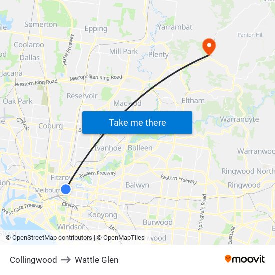 Collingwood to Wattle Glen map