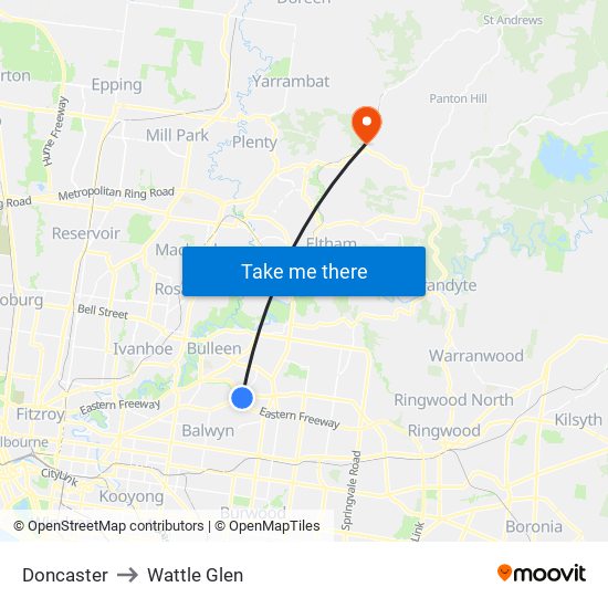 Doncaster to Wattle Glen map