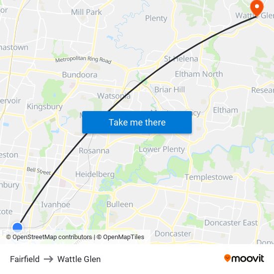 Fairfield to Wattle Glen map