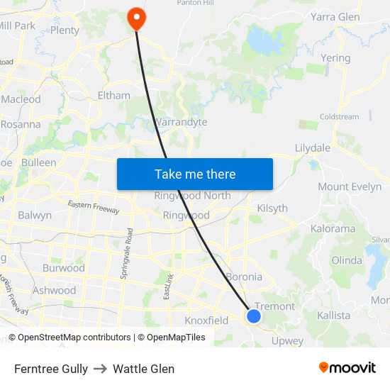 Ferntree Gully to Wattle Glen map