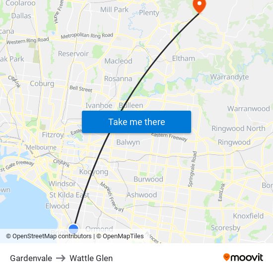 Gardenvale to Wattle Glen map