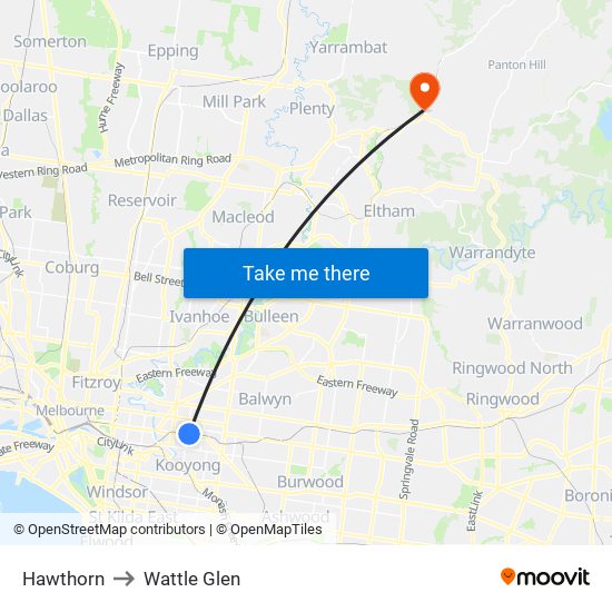 Hawthorn to Wattle Glen map