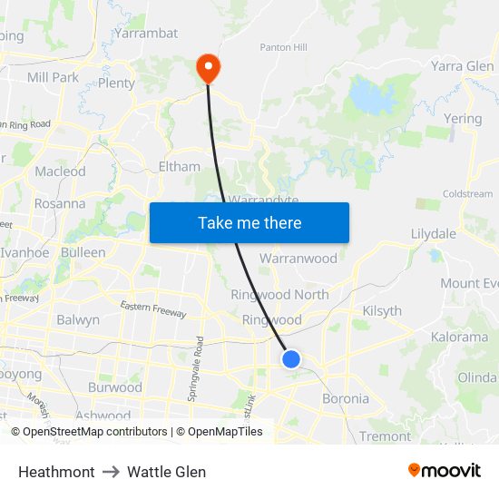 Heathmont to Wattle Glen map