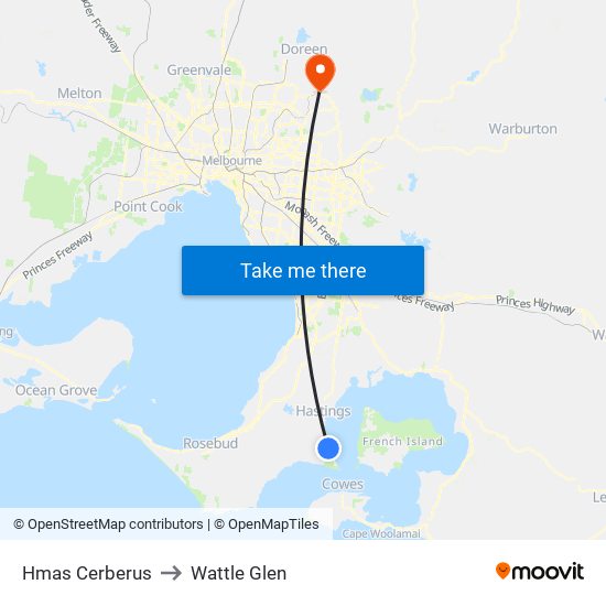 Hmas Cerberus to Wattle Glen map