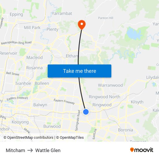 Mitcham to Wattle Glen map