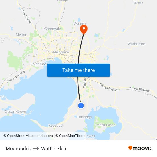 Moorooduc to Wattle Glen map