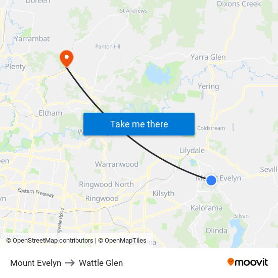 Mount Evelyn to Wattle Glen map