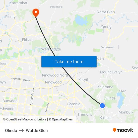 Olinda to Wattle Glen map