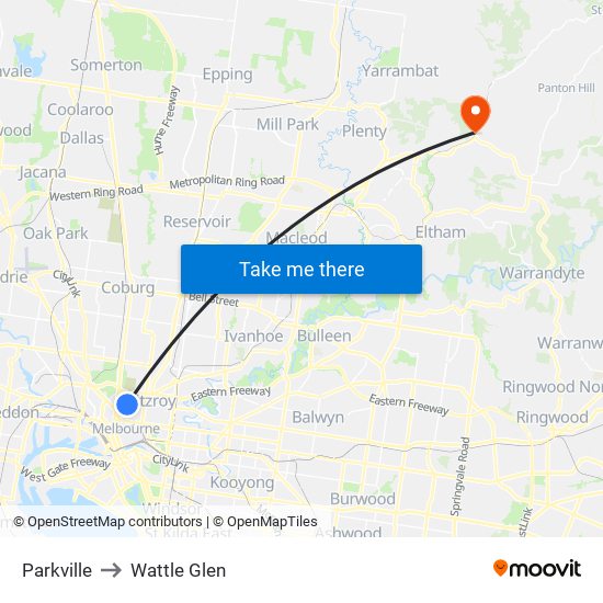 Parkville to Wattle Glen map