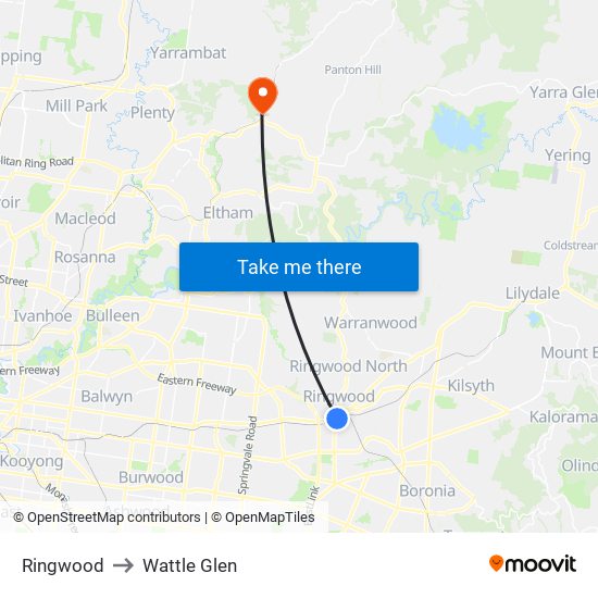 Ringwood to Wattle Glen map