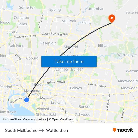 South Melbourne to Wattle Glen map