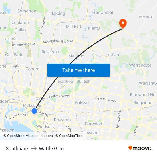 Southbank to Wattle Glen map